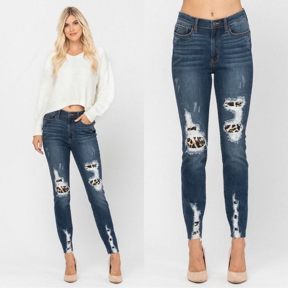 JUDY BLUE HIGH WAIST LEOPARD PATCH SKINNY JEANS 26 NEW